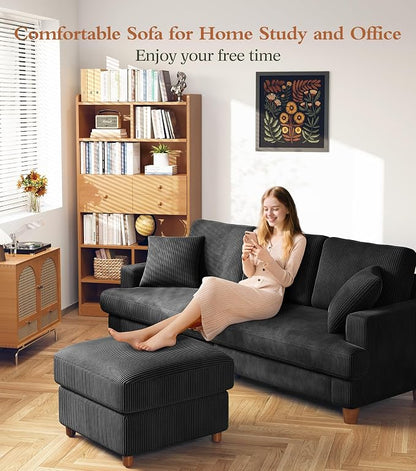 87" L shape Corduroy Couch, Sofa No Tool Assembly, Comfy Couches for Living Room 21in Deeper Seats, Corduroy Sofas for Living Room with 2 Pillows, Oversized Loveseat Sofa, Boho Love Seat, Black