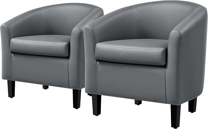 Topeakmart Leather Accent Chair, Modern and Comfy Faux Leather Barrel Chair, Upholstered Club Chair with Wooden Legs for Living Room Bedroom, Gray, 2PCS