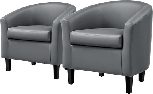 Topeakmart Leather Accent Chair, Modern and Comfy Faux Leather Barrel Chair, Upholstered Club Chair with Wooden Legs for Living Room Bedroom, Gray, 2PCS