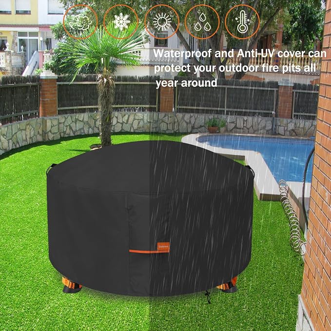 Fire Pit Cover,Outdoor Heavy Duty 600D 100% Waterproof Fire Pit Cover Round,Weatherproof Firepit Covers Round 56" Dia x 22" H,Black