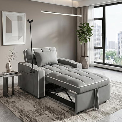 Convertible Sleeper Chair, Pull Out Chair Sleeper with Bracket and Cup Holder, Chairs Bed Sleepers for Adults, 3 in 1 Sofa Bed Chairs for Small Spaces, Living Room