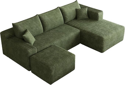 95" Cloud Boneless Sectional Sofa Couch with Chaise Lounge and Ottoman, Modern Corduroy Right Facing Modular Sectional Sofa Compressed Corner Couch with Deep Seat, No Assembly Required
