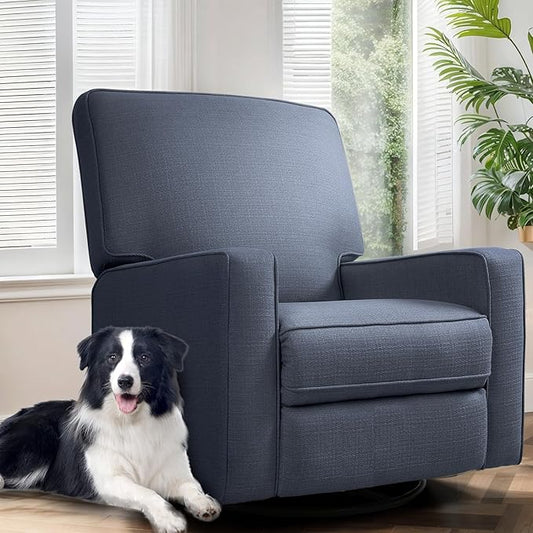 Manual Rocker Recliner Chair for Adults, High Back Glider with Deep Seat, Upholstered Fabric Armchair for Living Room & Nursery (Blue Linen)