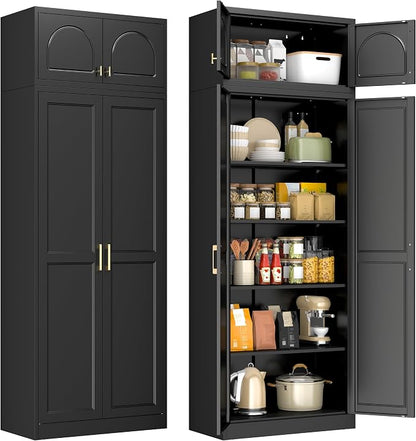 86" Tall Metal Kitchen Pantry Storage Cabinet with Doors | Extra Large Heavy Duty Steel Cabinet, 4 Adjustable Shelves, Easy-Access Gold Handles, Black, 2 Packages, Home Office