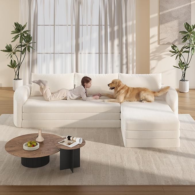 Vesgantti 6 in 1 Convertible Folding Sleeper Sofa Bed, 110.2" Boneless Sectional Couch with Curved Armrest, Chenille Modular Sofa for Living Room, No Assembly Required, Beige, Right Facing Chaise