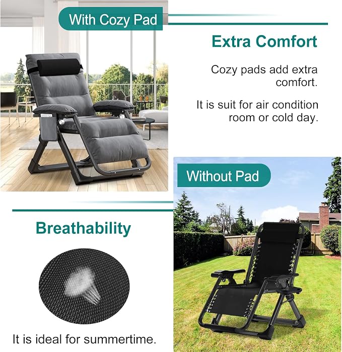 DoCred Zero Gravity Chair, Lawn Recliner, Reclining Patio Lounger Chair, Folding Portable Chaise with Detachable Soft Cushion, Cup Holder, Headrest