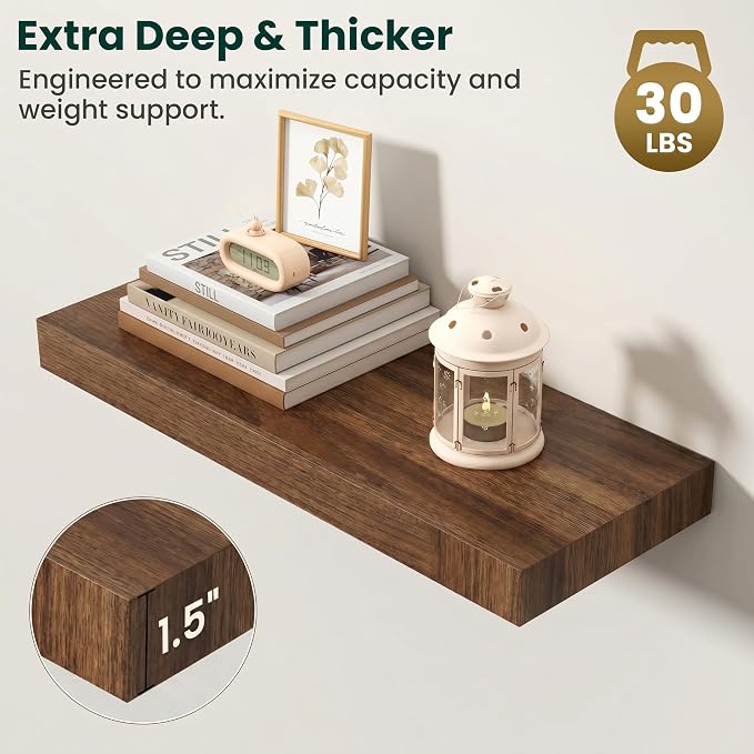Floating Shelves for Wall, 24 Inch x 8 Inch Deep Wall Mounted Wood Shelf with Invisible Brackets for Storage & Display, Living Room Bedroom Kitchen, Walnut, Set of 2