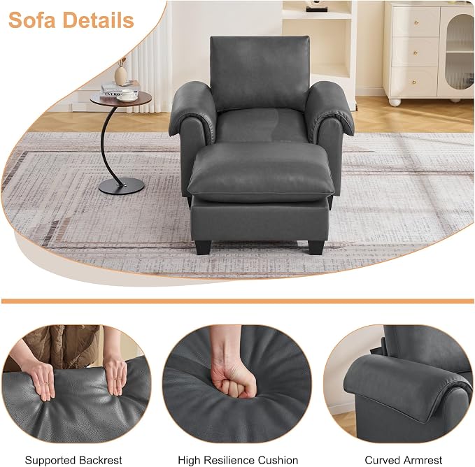 44.5" Faux Leather Single Sofa with Movable Ottoman, Oversized Accent Chair with Curved Armrests, Cloud Modern Sofa Upholstered Reading Lounge Armchair for Living Room, Bedroom，Grey