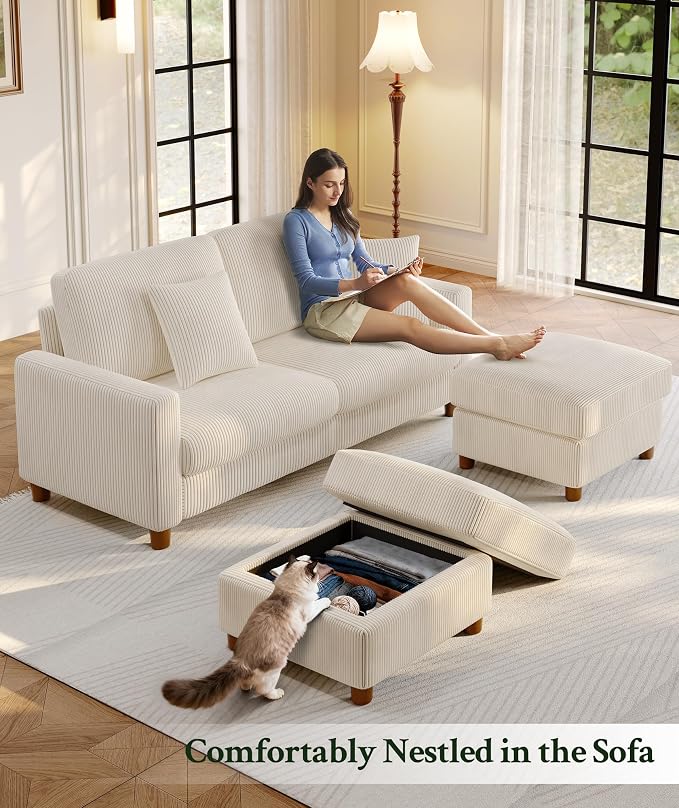 Welzona 70.2" Couches for living room, Comfy U Shaped Couch Beige 7.1" Thicker Cushion, Sofas for Living Room Tool-Free Setup, Loveseat with Ottoman 7058lbs Support, Corduroy Couch for Bedroom, Office