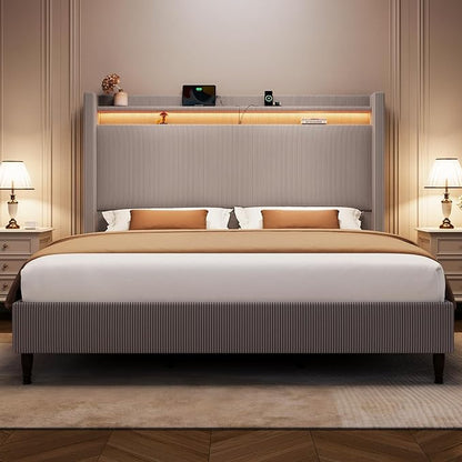 King Bed Frame with 55.3" Tall Headboard, Corduroy Upholstered Platform Bed with LED Lights & Charging Station, Wingback Storage Headboard, Solid Wood Slats,Noise Free,No Box Spring Needed,Gray Brown