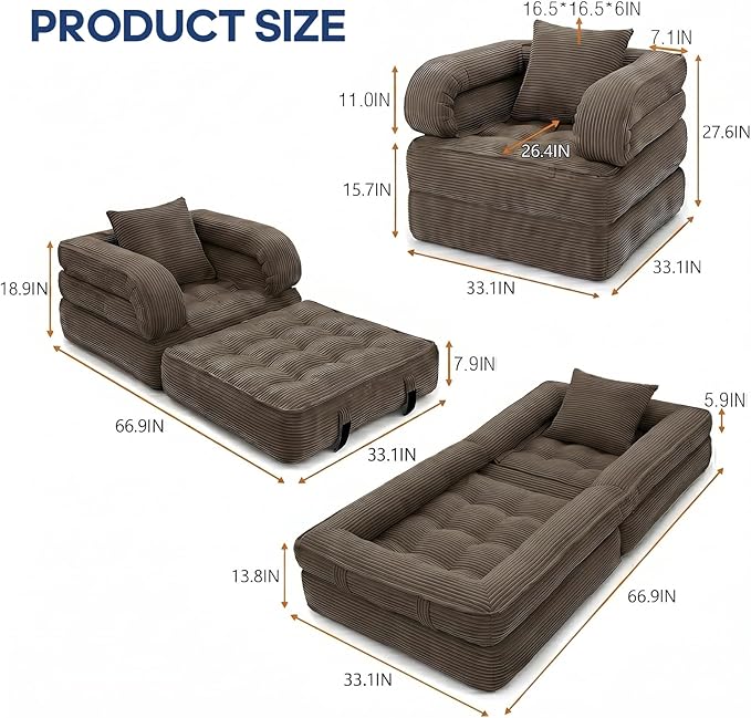 Folding Sofa Bed, Convertible Sleeper Chair with Armrests, Foldable Corduroy Boneless Bed, 3-in-1 Portable Futon Couch Floor Sofa with Pillow for Bedroom, Living Room, Coffee