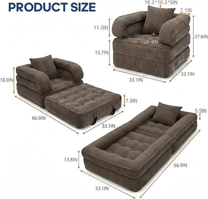 Folding Sofa Bed, Convertible Sleeper Chair with Armrests, Foldable Corduroy Boneless Bed, 3-in-1 Portable Futon Couch Floor Sofa with Pillow for Bedroom, Living Room, Coffee