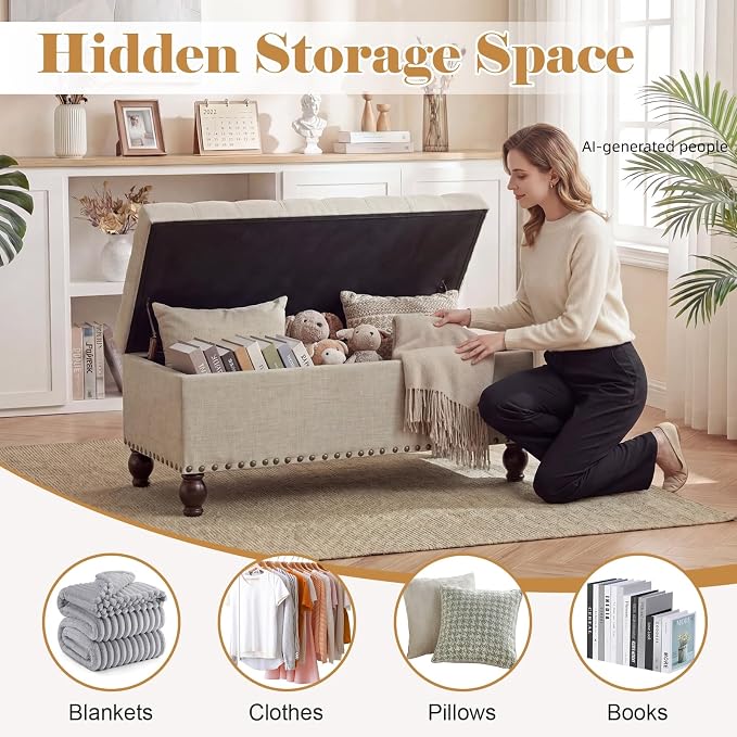 Asense 40" Storage Ottoman Bench, Faux Leather Tufted Upholstered End of Bed Bench with Safety Hinge for Bedroom,Entryway,Living Room,Light Gray