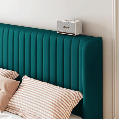 SHA CERLIN King Size Velvet Bed Frame with Vertical Channel Tufted Wingback Headboard, Upholstered Platform Bed with Wood Slats, No Box Spring Needed, Easy Assembly, Teal
