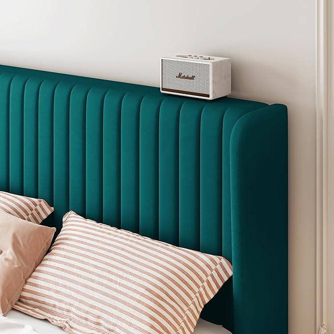 SHA CERLIN Full Size Velvet Bed Frame with Vertical Channel Tufted Wingback Headboard, Upholstered Platform Bed with Wood Slats, No Box Spring Needed, Easy Assembly, Teal