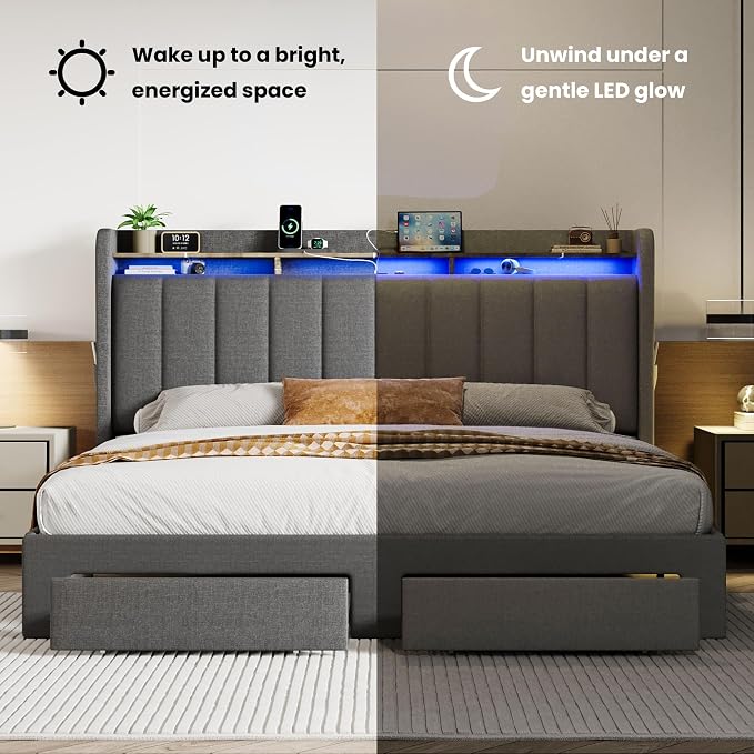 SHA CERLIN King Size Platform Bed Frame with Vertical Channel Tufted Wingback Headboard & 2 Storage Drawers/2-Tier Shelves with LED Lights & Charging Station/Noise-Free/No Box Spring Needed/Dark Grey