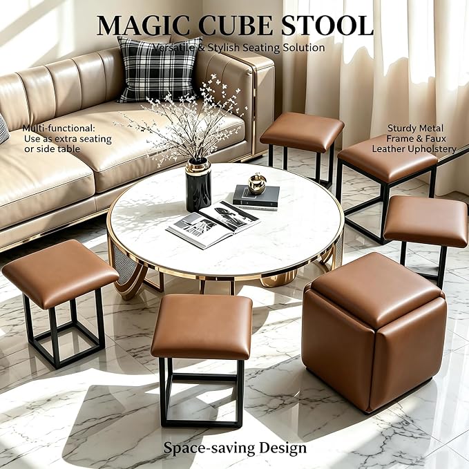 5 in 1 Nesting Ottoman Cube Chair, Stackable Stools, Leather Square Ottoman Bench, Foot Stool with Wheels for Living Room,Dining Room 15.75x15.75x16.54 inches