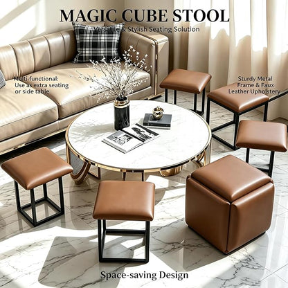5 in 1 Nesting Ottoman Cube Chair, Stackable Stools, Leather Square Ottoman Bench, Foot Stool with Wheels for Living Room,Dining Room 15.75x15.75x16.54 inches