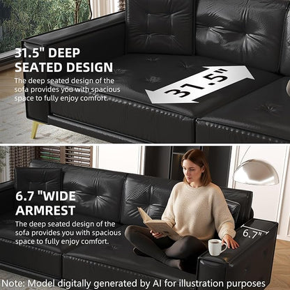 92.1'' Pull Out Sofa Bed King, Faux Leather Futon Couch, 3-in-1 Convertible Sleeper Sofa with Tufted Back, 2 Pillows, Gold Furniture Legs, Deep Loveseat for Living Room, Apartment, Black