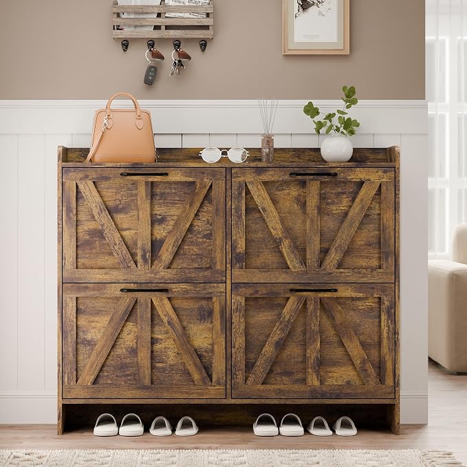 MU Shoe Storage Cabinet with 4 Flip Drawers, Freestanding Shoe Cabinet, Shoe Organizer with Wood Legs for Entryway, Slim Shoe Cabinet, Rustic