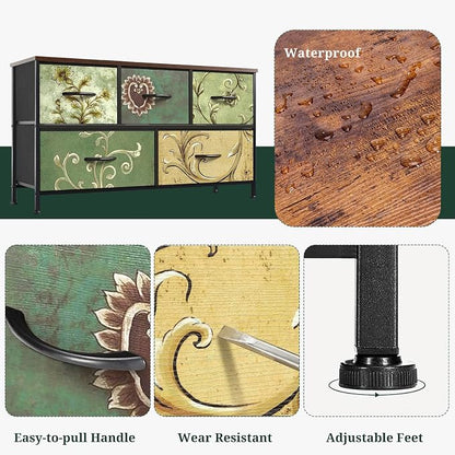 5-Drawer Dresser for Bedroom, Anti-Tip Wide Storage Organizer Fabric Chest of Drawers TV Stand for 45" TV with Wooden Top and Metal Frame for Closet, Living Room, Hallway, Entryway, Floral Painted