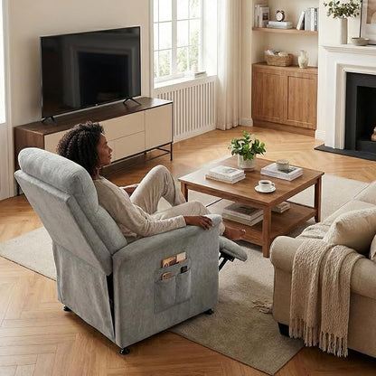 Power Recliner Chair for Adults with Heat & Massage - Soft Fabric Electric Reclining Sofa with Remote Control, 3 Side Pockets, 180° Lay Sleeper for Home Theater Living Room, Light Grey
