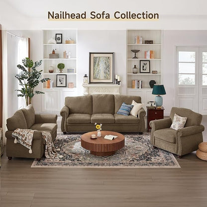 ONBRILL Nailhead Sofa, 66 Inch Small Couch with Rolled Arms, Chenille Fabric Loveseat w/Springs Seat Cushion, Vintage Curved Back, Turned Wood Legs, Comfy Couch for Living Room, Farmhouse, Brown