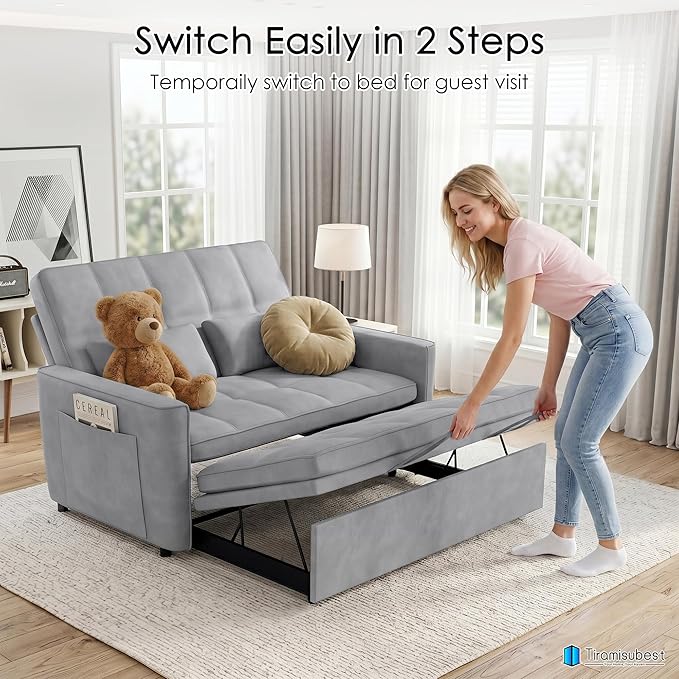 54'' Sleeper Sofa Bed, Convertible Pull Out Couch Futon for for Living Room,Apartment (Ashgrey, Loveseat) Side Pockets, Velvet Fabric, Adjustable Backrest, Pull-Out Bed, Easy Assembly
