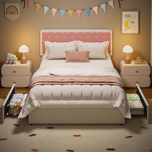 Garvee Full Size Velvet Upholstered Bed with Biscuit Shaped Headboard, 2 Drawers, Wood Slats, No Box Spring Needed, Easy Assembly – Cream White & Pink