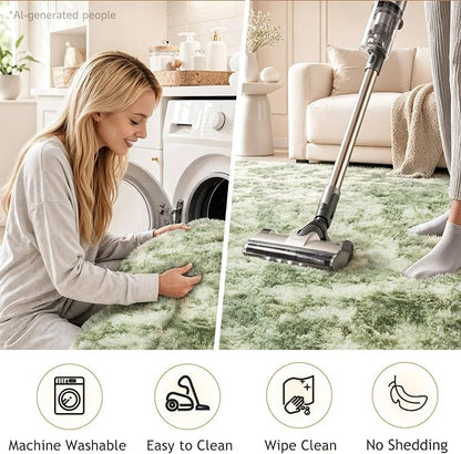 Ophanie Green and White Area Rugs for Living Room 5x7,Sage Green Fluffy Shag Large Fuzzy Plush Soft Carpets,Floor Shaggy Rugs for Bedroom,Carpet for Kids Girls Dorm Decor with Over 99 pcs Pile fibers