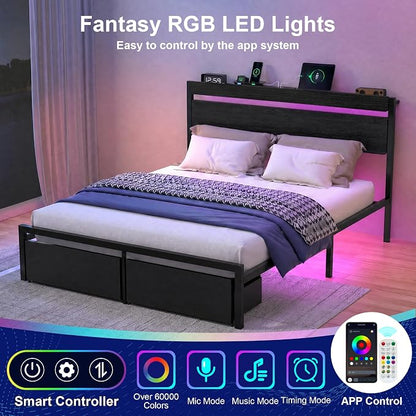 Full Bed Frame with Drawers, Platform Bed with LED Lights & Charging Station, Wood Headboard, Strong Metal Slats Support, No Box Spring Needed, Noise Free, Easy Assembly