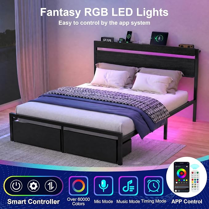 Queen Bed Frame with Drawers, Platform Bed with LED Lights & Charging Station, Wood Headboard, Strong Metal Slats Support, No Box Spring Needed, Noise Free, Easy Assembly