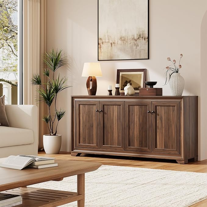 ONBRILL 60" Buffet Cabinet with Storage, 4 Doors Sideboard Buffet Cabinet with Adjustable Shelves, Modern Coffee Bar Console Table for Living Room, Kitchen, Entryway, Brown