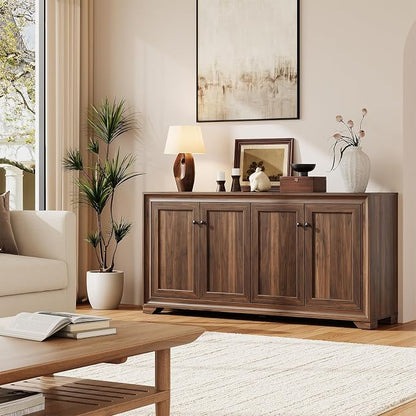 ONBRILL 60" Buffet Cabinet with Storage, 4 Doors Sideboard Buffet Cabinet with Adjustable Shelves, Modern Coffee Bar Console Table for Living Room, Kitchen, Entryway, Brown
