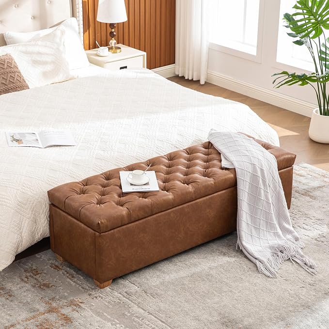60.2" Storage Bench, End of Bed Storage Benches, PU Fabric Upholstered Ottoman Bench with Safety Hinge for Living Room Entryway Bedroom Hallway