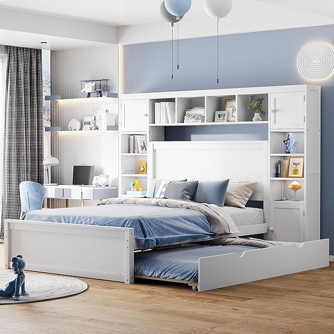 Merax Full Size Wooden Bed with All-in-One Cabinet, White Platform Bed Frame with 2 Drawers, Trundle and Sockets