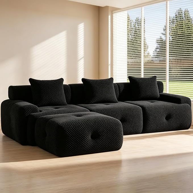 104" Cloud Couch Sectional with Ottoman, L-Shaped Boneless Sofa, Modern Modular Couch, Pineapple Grid Fabric with Foam & Spring Filling for Living Room, No Assembly Required (Black)