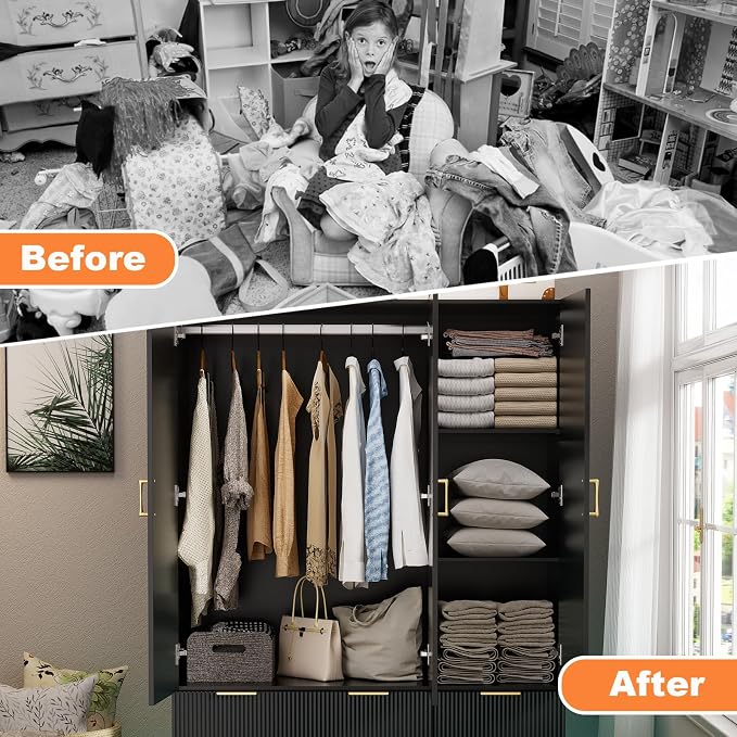 PAKASEPT Large Wardrobe Closet, 3 Door Armoire Closet | Mirror and LED Lights, Hanging Rod, Drawers, Armoires and Wardrobes for Bedroom