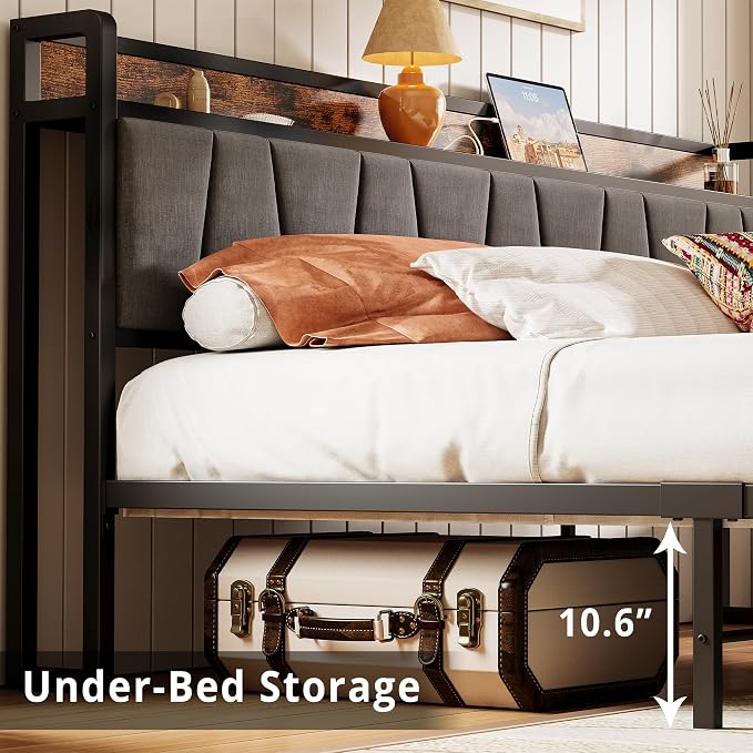 LIKIMIO California King Size Bed Frame with 2 Drawers and Charging Station | Platform Bed with Upholstered Storage Headboard, No Box Spring Needed, Easy Assembly, Sturdy, Industrial Brown and Gray