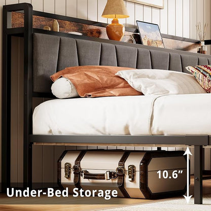 LIKIMIO California King Size Bed Frame with 2 Drawers and Charging Station | Platform Bed with Upholstered Storage Headboard, No Box Spring Needed, Easy Assembly, Sturdy, Industrial Brown and Gray