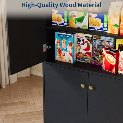 Garvee Kitchen Pantry Cabinet, 68'' Pantry Storage Cabinet with 4 Doors and 4 Adjustable Shelves, Wooden Freestanding Cupboard for Kitchen, Dining Room and Living Room, Black