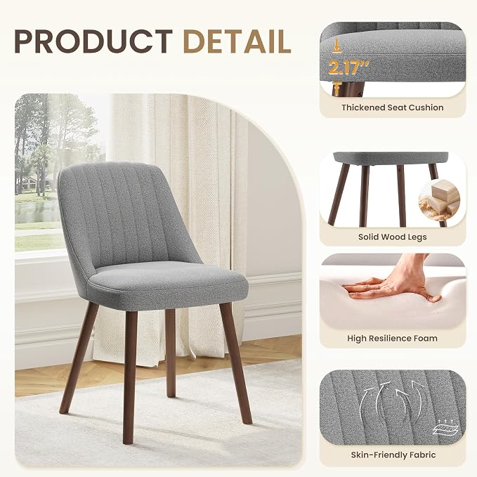 MALOL Upholstered Dining Chairs Set of 4, Modern Fabric Kitchen Chairs with Back, Wood Legs for Kitchen Dining Room Restaurant, Grey