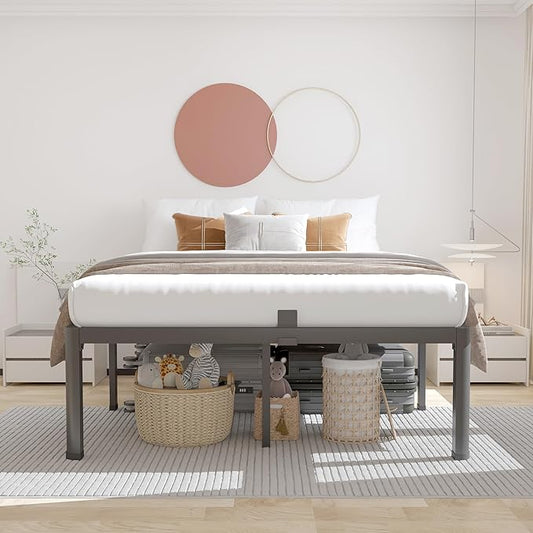 ROIL 14 inch Metal Queen Bed Frame with Rounded Corner and Headboard Hole Mattress Retainers 3500LBS Heavy Duty Steel Slats No Box Spring Needed Platform Noise-Free Easy Assembly