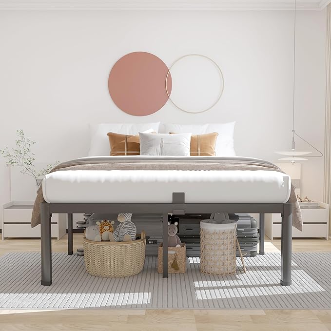 ROIL 16 Inch Queen Bed Frame with Rounded Corner and Headboard Hole Mattress Retainers 3500LBS Metal Heavy Duty Steel Slats No Box Spring Needed Platform Noise-Free Easy Assembly