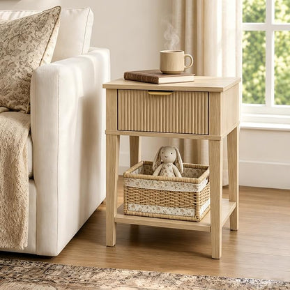 Natural Oak 15" Wide Small Nightstand with Drawer, Open Shelf, Fluted | Light oak tone, ribbed fluted front, 11.8-inch slim depth, concealed storage, airy fit for bedside, sofa side, or chair side