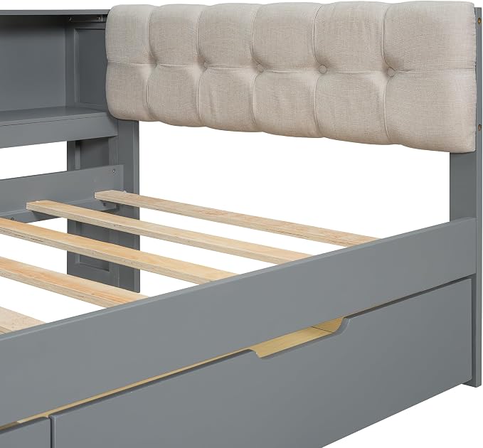 Bellemave Twin Corner Bed Frame with Storage Shelves and Desk, Wood Twin Size Daybed with Bookcase and Drawers and Upholstered Headboard, Gray