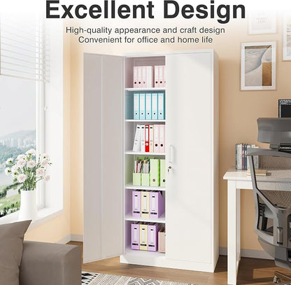 Wide & Deep Metal Storage Cabinet with 2 Doors and 5 Adjustable Shelves,White Locking Metal Cabinet,Large Garage Storage Cabinets,Lockable Tall Pantry Cabinets for Home,Office,Garage,Shop 72x36x18
