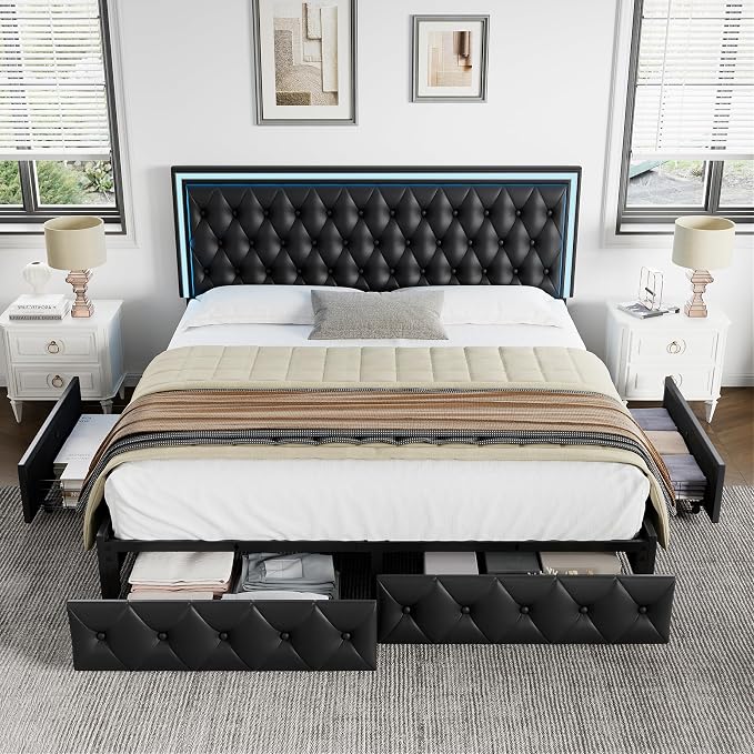 Keyluv Queen Size LED Bed Frame with 4 Storage Drawers and Adjustable Headboard, PU Leather Upholstered Button Tufted Modern Platform Bed, Solid Wooden Slats Support, Easy Assembly, Black