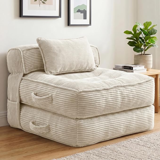 Folding Sofa Bed, Convertible Sleeper Chair with Pillow Foldable Mattress with Back Support, Portable Fold Out Chair Bed Comfy Floor Couch Lounge for Living Room Bedroom Apartment Single