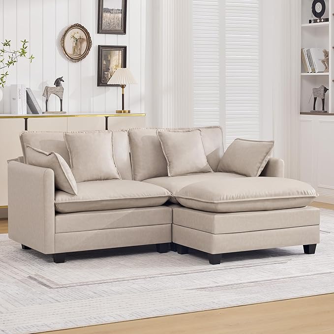 76'' Cloud Deep Seat Loveseat Sofa, Upholstered Leather Modular 2-Seats Sectional Sofa Couch with Movable Ottoman, Modern Comfy Settee Loveseat for Living Room Set, Small Apartment, Leather Beige